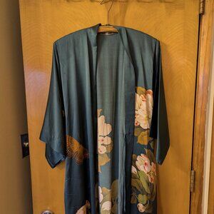 Kim + Ono Washable Silk Peony & Butterfly Long Kimono Robe in Vintage Teal